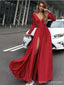 Red A-line Long Sleeves V-neck High Slit Cheap Long Prom Dresses Online,12792