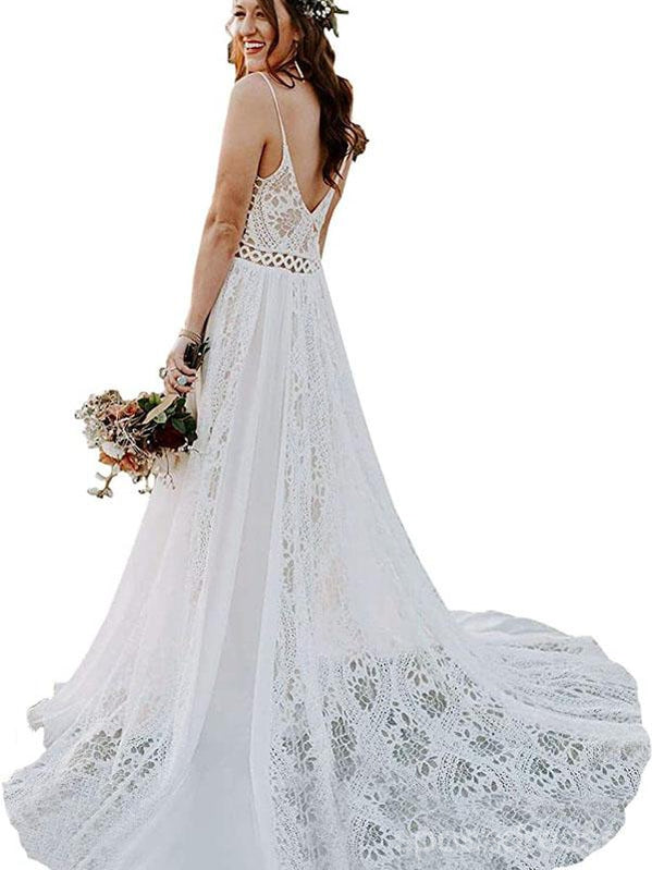 Simple V Neck Lace A-line Wedding Dresses, Cheap Wedding Gown, WD726