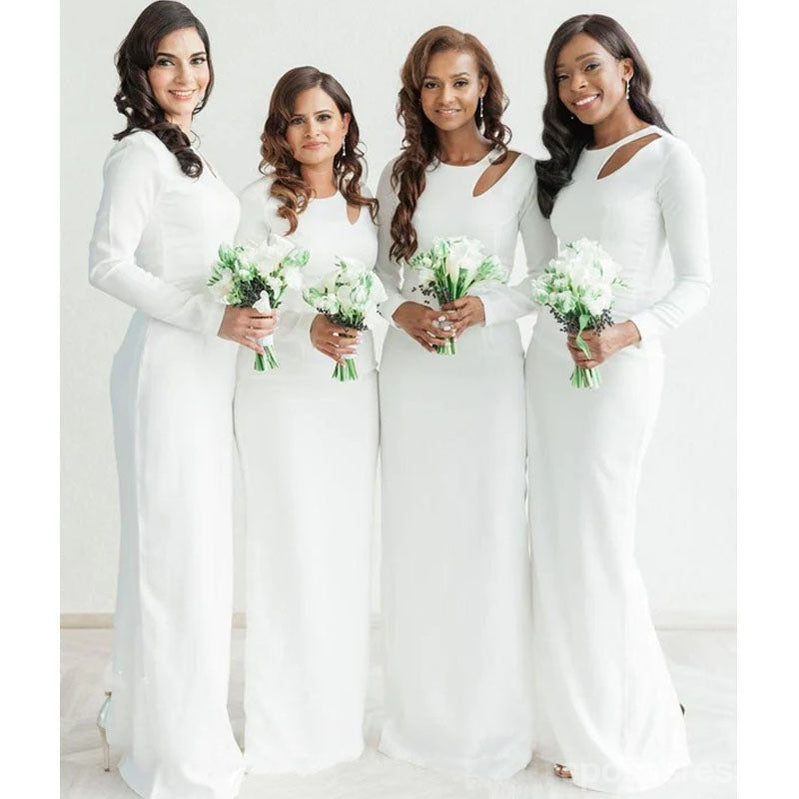 Simple White Mermaid Long Sleeves Cheap Bridesmaid Dresses,WG1552