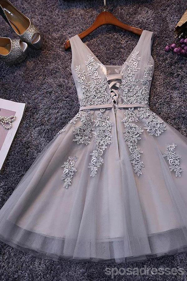 Grey Sleeveless Lace Short Homecoming Dresses Online, Cheap Short Prom Dresses, CM865