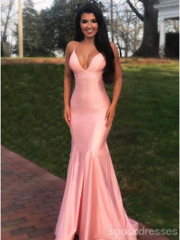 Pink Mermaid Spaghetti Straps V-neck Backless Long Prom Dresses Online,12604