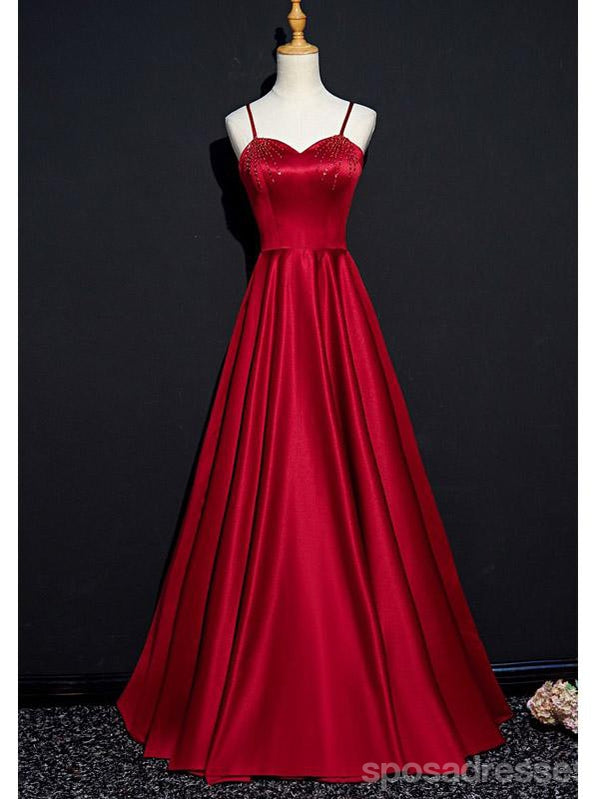 Simple Red A-line Spaghetti Straps V-neck Cheap Long Prom Dresses Online,12645