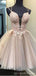 V Neck Dusty Pink Tulle Beaded Short Homecoming Dresses Online, Robes de bal courtes pas chères, CM845