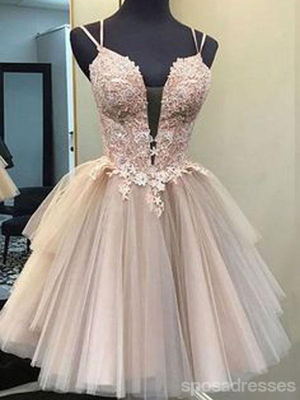 V Neck Dusty Pink Tulle Beaded Short Homecoming Dresses Online, Robes de bal courtes pas chères, CM845