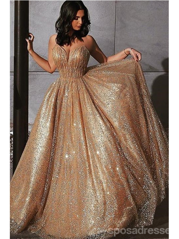 Sparkly Gold Mermaid Spaghetti Straps Backless Maxi Long Prom Dresses,13125