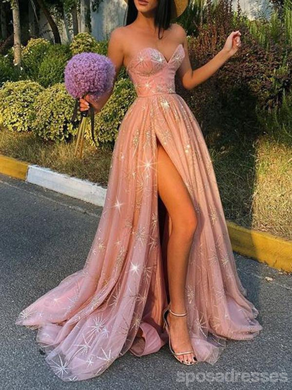 Sparkly Pink A-line Sweetheart High Slit Long Prom Dresses Online,12654