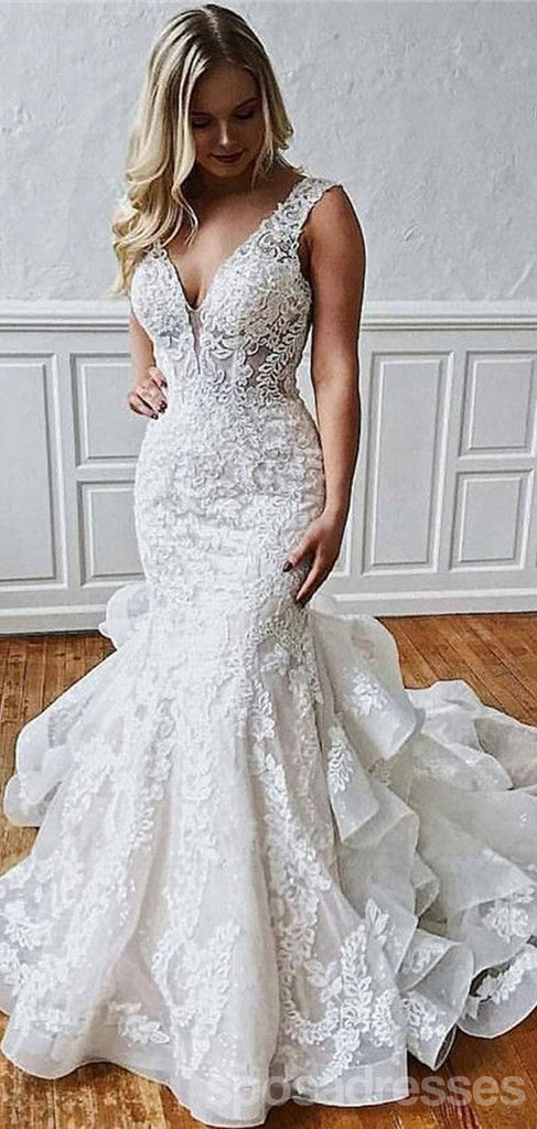 Long Sexy Mermaid V-neck Straps Backless Lace Wedding Dresses,WD771