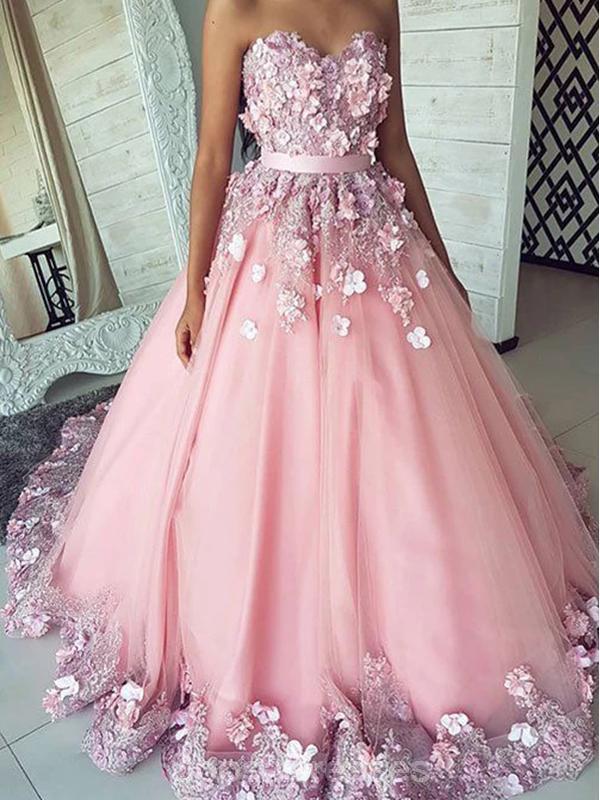 Sweetheart Lace Beaded Flower A-line Long Evening Prom Dresses, Evening Party Prom Dresses, 12185