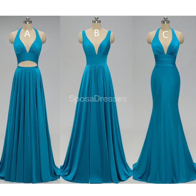 Teal V Neck Side-Slit Cheap Long Bridesmaid Vestidos Online, WG298