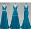 Teal V Neck Side-Slit Cheap Long Bridesmaid Vestidos Online, WG298