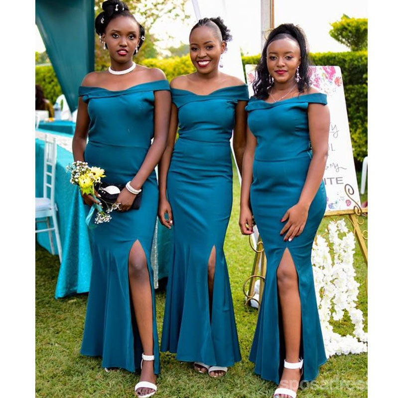 Teal Mermaid Off Shoulder Side Slit Cheap Long Bridesmaid Dresses,WG1529