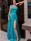 Straps Turquoise Side Slit Simple Long Evening Prom Dresses, Cheap Custom Sweet 16 Dresses, 18464