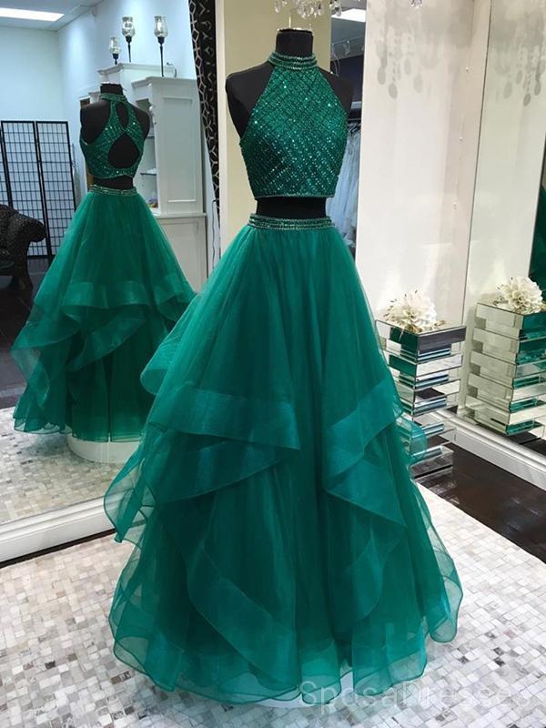 Sexy Two Pieces Emerald Green Open Back Evening Prom Dresses, Cheap Custom Sweet 16 vestidos, 18488