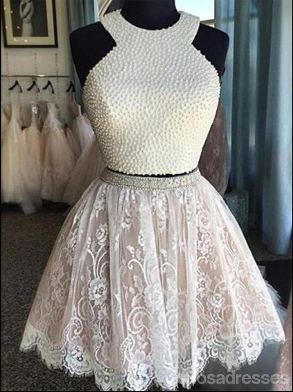 Sexy Two Pieces Halter Lace skirt Pearls bodice Cute homecoming prom dresses, CM0010