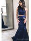 Navy Halter Two Pieces Mermaid Long Evening Prom Dresses, Cheap Custom Sweet 16 Dresses, 18459