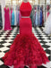 Two Pieces Halter Red Mermaid Long Evening Prom Dresses With Pockets, Cheap Custom Party Prom Dresses, 18604