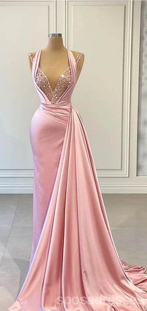 Unique Mermaid Pink Halter V-neck Cheap Long Prom Dresses Online,12677