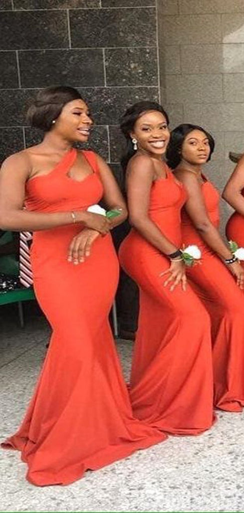 Unique Mermaid Orange Sleeveless One Shoulder Bridesmaid Dresses Gown Online, WG1005