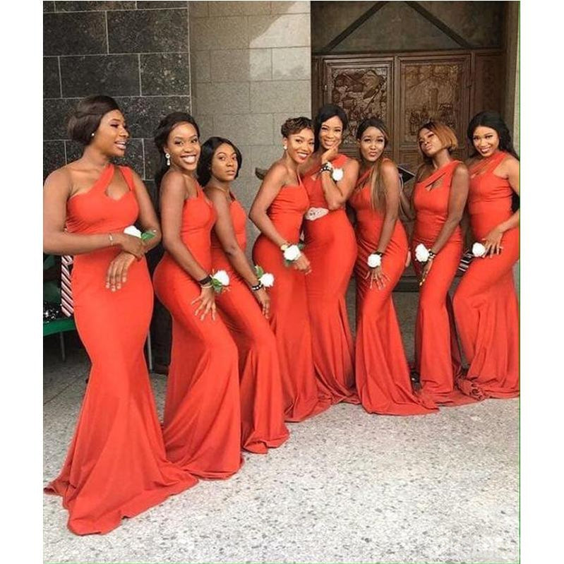 Unique Mermaid Orange Sleeveless One Shoulder Bridesmaid Dresses Gown Online, WG1005