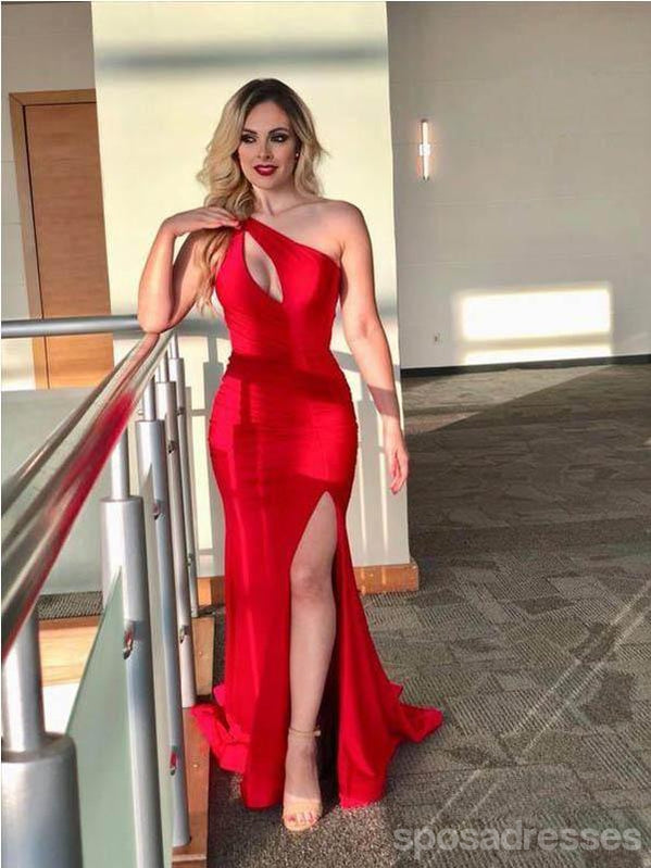 Unique Mermaid Red One Shoulder High Slit Cheap Long Prom Dresses Online,12717