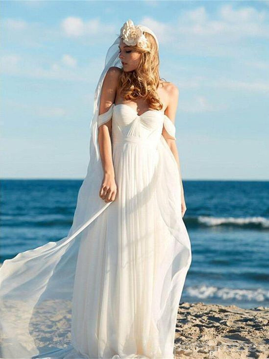 Simples fora do ombro praia vestidos de casamento on-line, vestidos de noiva chiffon baratos, WD437