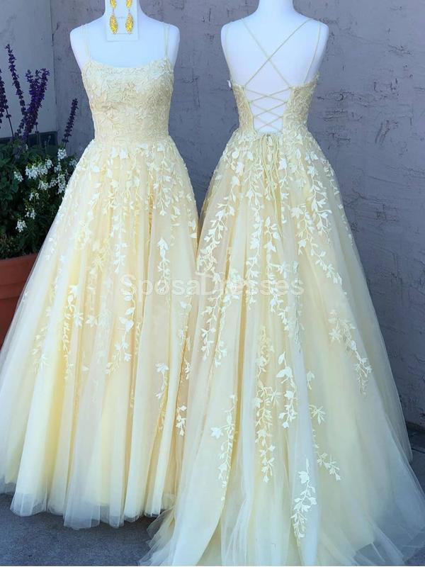 Yellow Lace Applique Beaded Evening Prom Dresses, Evening Party Prom Dresses, 12272