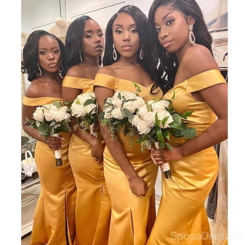 Off Shoulder Yellow Side Slit Mermaid Long Cheap Bridesmaid Dresses Online, WG667