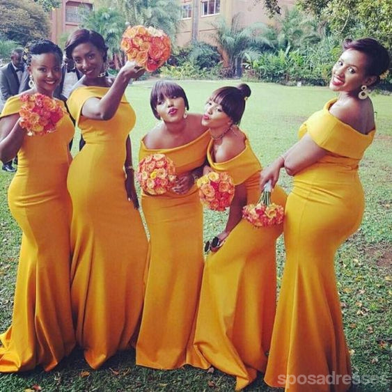 Yellow Mermaid Off Shoulder Cheap Long Bridesmaid Dresses,WG1343