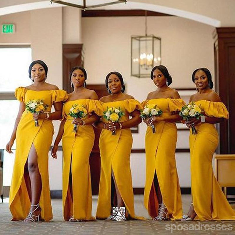 Yellow Sheath Off Shoulder Side Slit Cheap Maxi Long Bridesmaid Dresses,WG1686