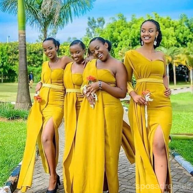 Yellow Mermaid One Shoulder High Slit Cheap Long Bridesmaid Dresses,WG1365