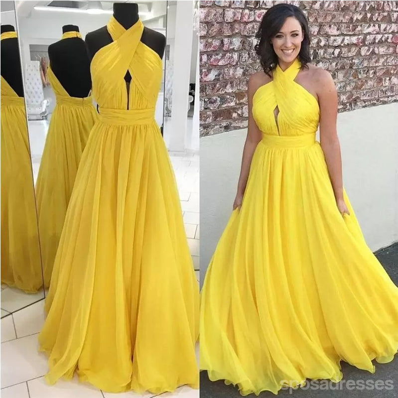 Yellow A-line Chiffon Halter Cheap Long Bridesmaid Dresses Online,WG1335