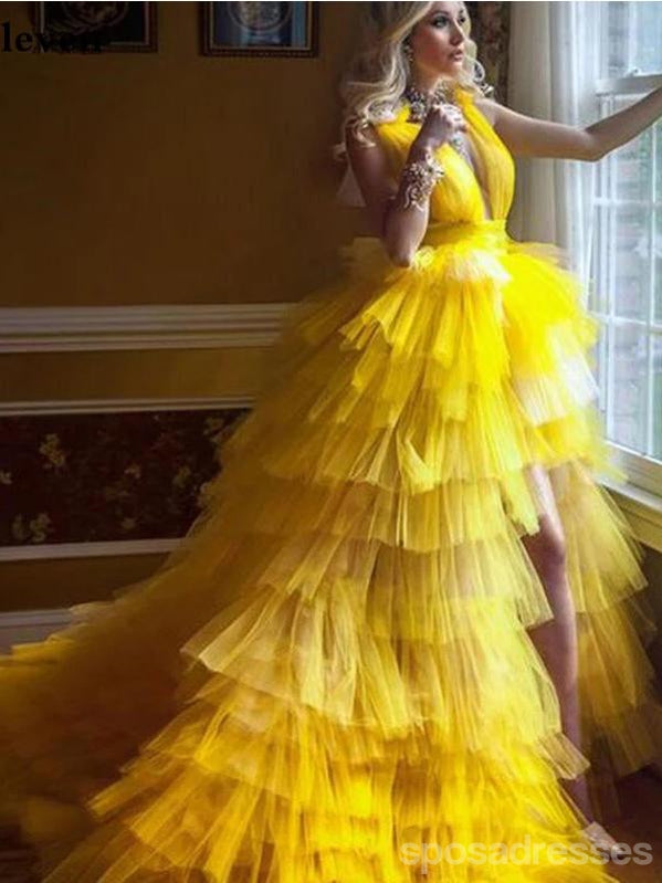 Yellow A-line V-neck Cheap Long Prom Dresses Online,Dance Dresses,12581