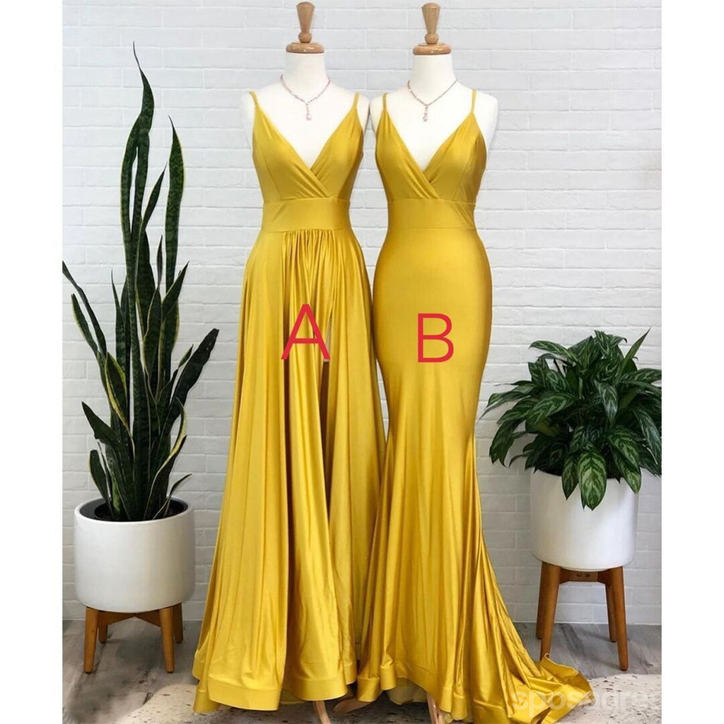 Yellow Spaghetti Straps V-neck Long Bridesmaid Dresses Gown Online,WG1124