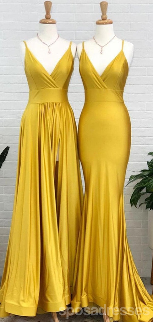 Yellow Spaghetti Straps V-neck Long Bridesmaid Dresses Gown Online,WG1124