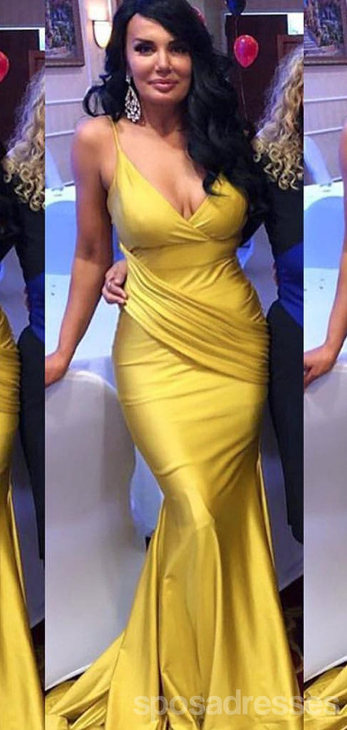 Yellow Mermaid Spaghetti Straps V-neck Long Bridesmaid Dresses Gown Online,WG1120